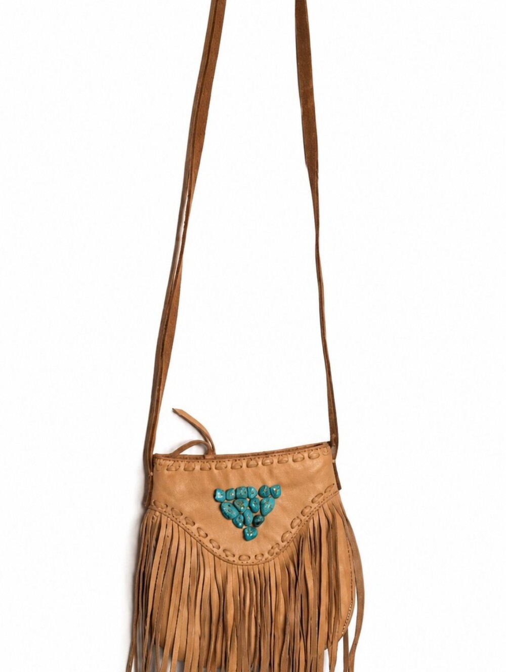 Lucky Brand Tan Leather Fringe Crossbody Bag Turquoise Boho Southwestern Purse - Picture 2 of 13